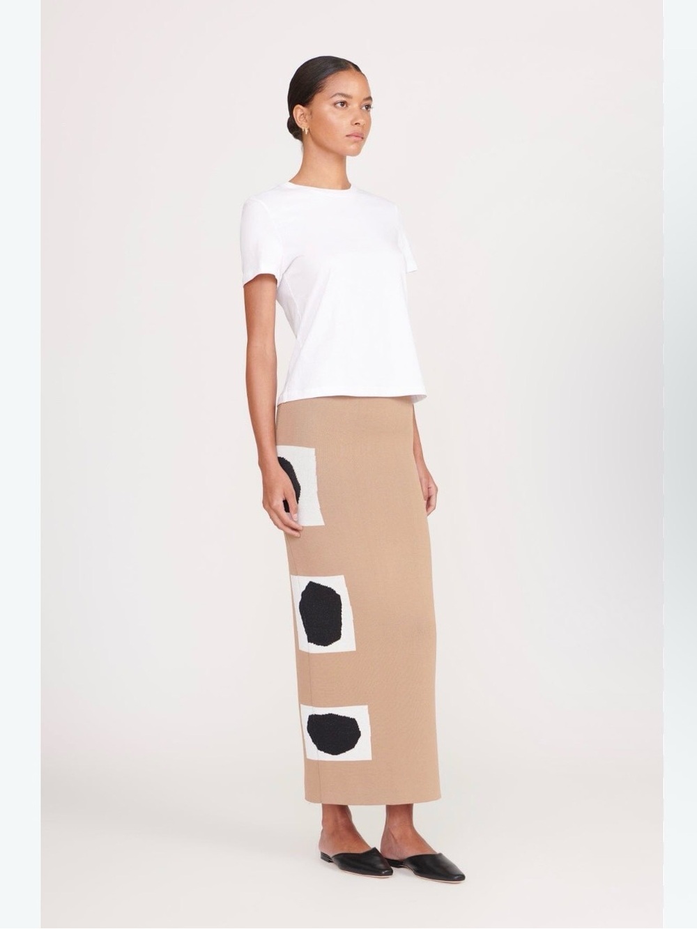 New! STAUD Karina Midi Graphic Skirt in Camel Geoscape